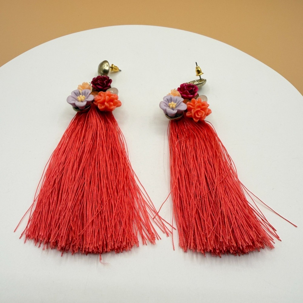Coral Red Floral Tassel Earrings Long Dangle Boho Festival Statement Gift Y2K